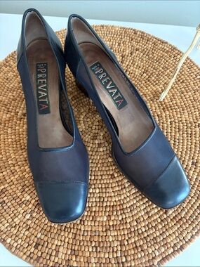 Prevata Italian Made Navy Leather and Mesh Block Heel